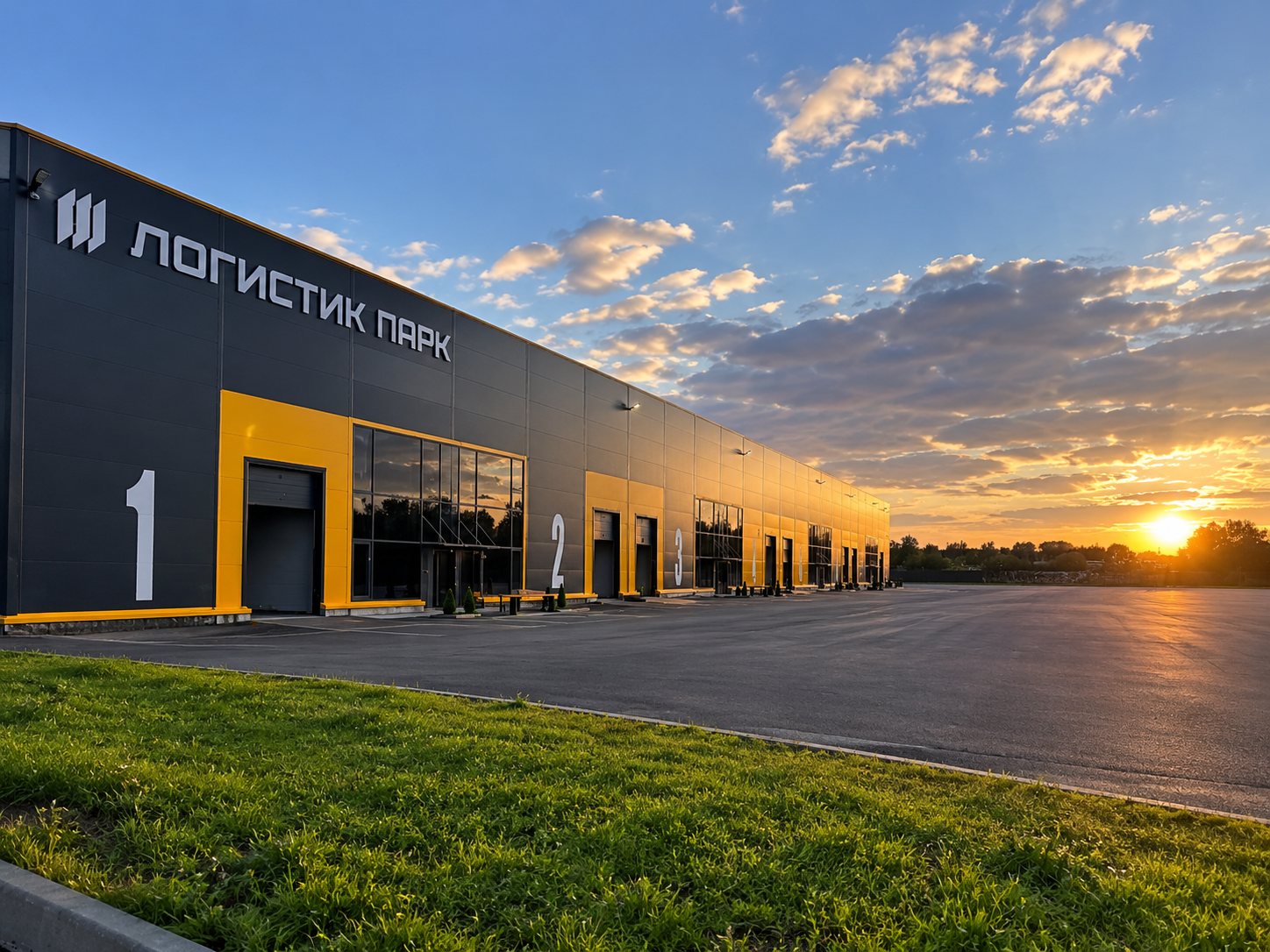 Корпус Логистик Парка Толбино на закате: тёмный фасад с жёлтыми порталами ворот и номерами блоков